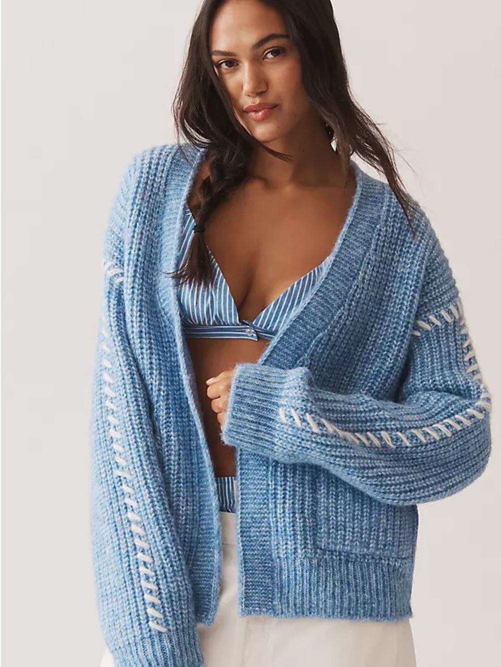 Anthropologie Blue Chunky Open-Front Cardigan Flat white stitched